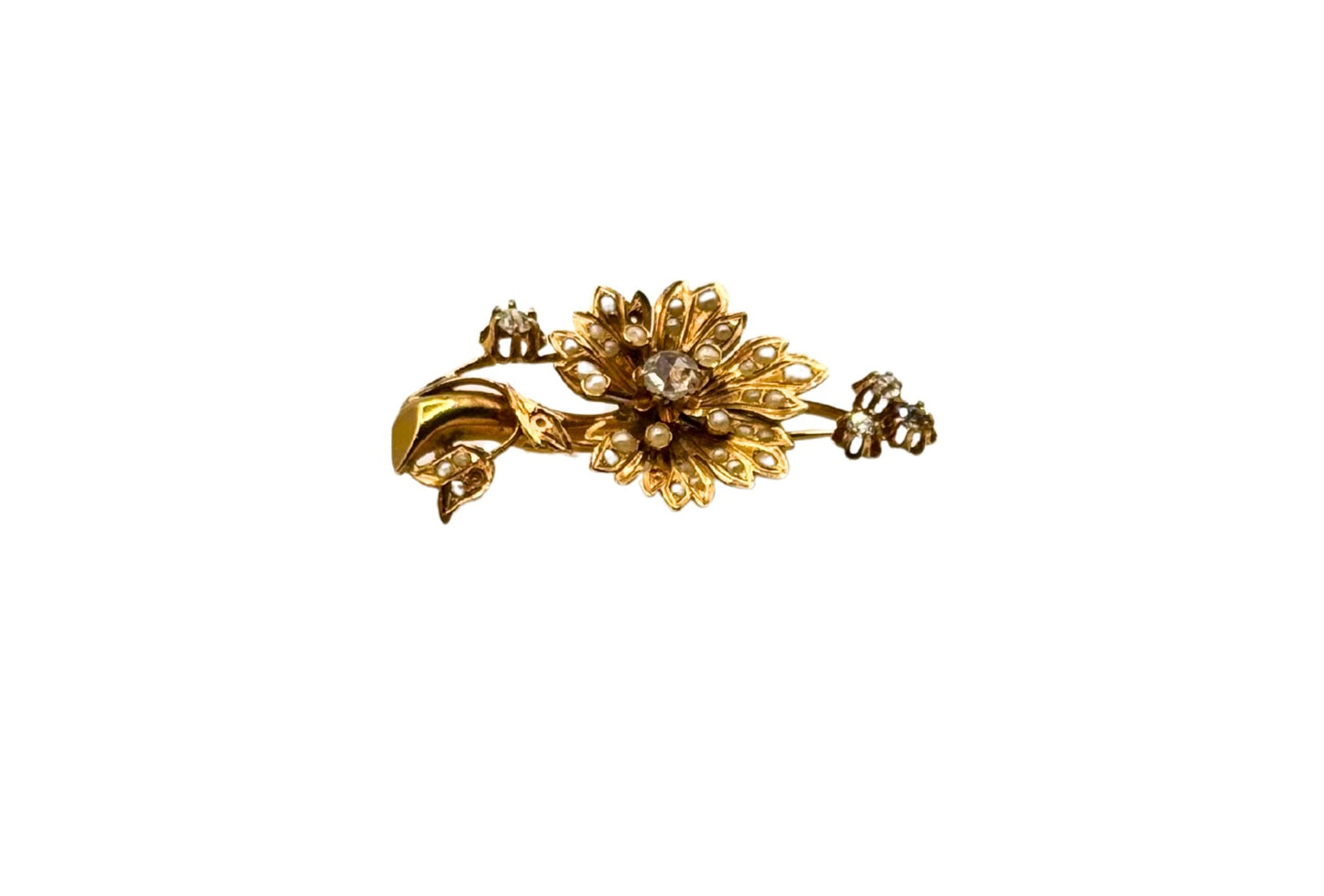 Antike Blumenbrosche 1860 Rose Diamant Orientalische Perlen 21 Karat 900