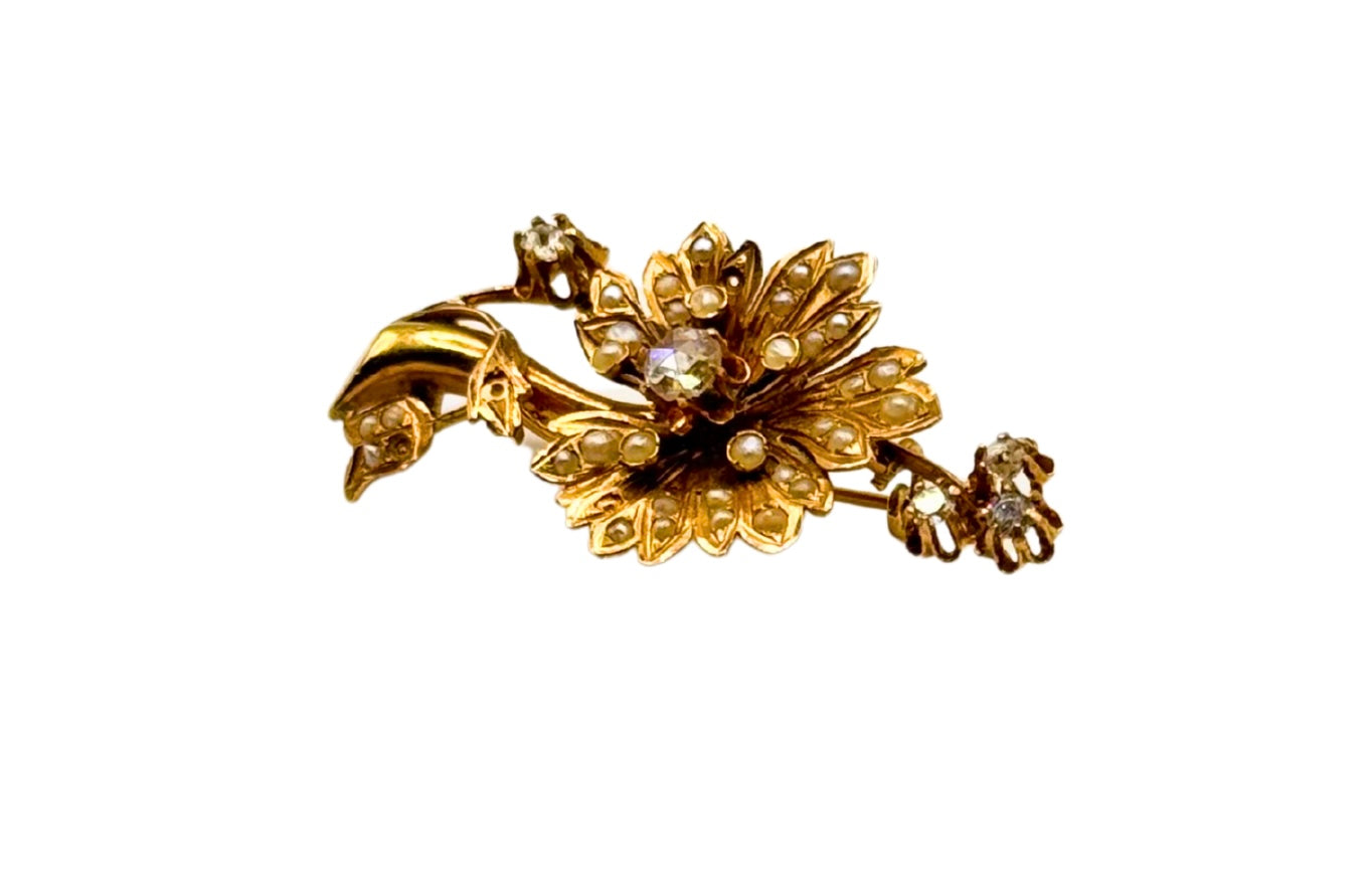 Antike Blumenbrosche 1860 Rose Diamant Orientalische Perlen 21 Karat 900