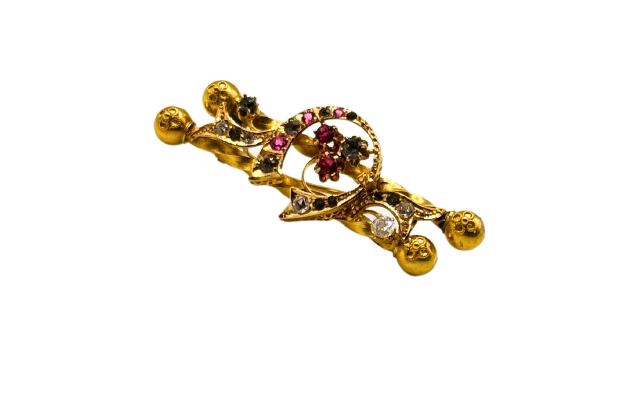 Antike Brosche Jugendstil 900 21Karat Diamanten Ruby Rubine Hufeisen