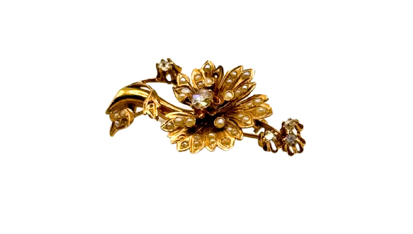 Antike Blumenbrosche 1860 Rose Diamant Orientalische Perlen 21 Karat 900