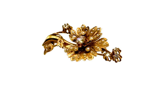 Antike Blumenbrosche 1860 Rose Diamant Orientalische Perlen 21 Karat 900