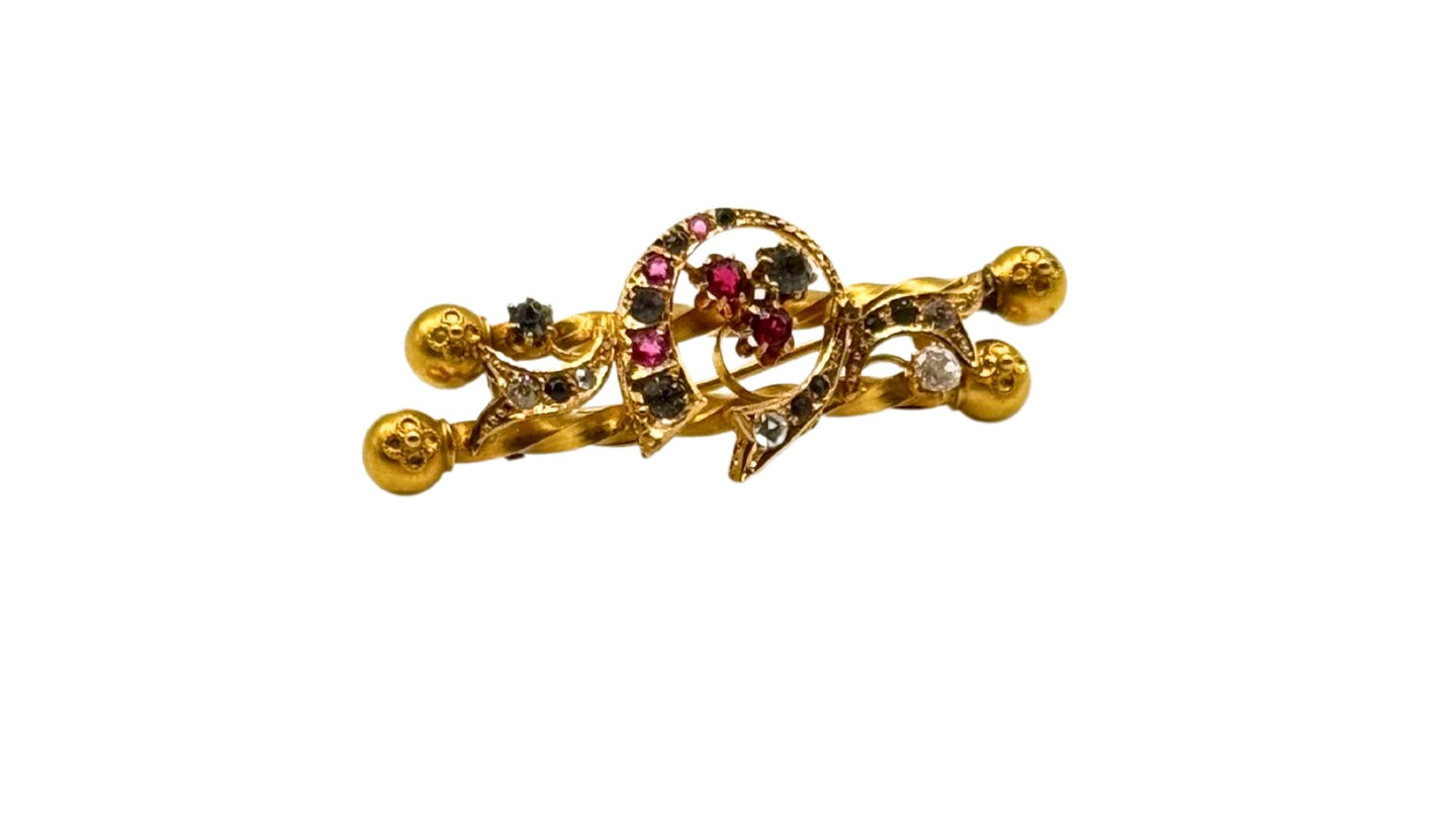 Antike Brosche Jugendstil 900 21Karat Diamanten Ruby Rubine Hufeisen
